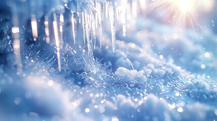 A snowy landscape dotted with glittering icicles and sparkling crystals - obrazy, fototapety, plakaty