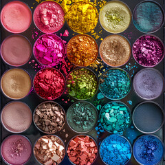An overhead shot of an array of vibrant pigment eye shadows arranged in a palette, offering a spectrum of bold colors for makeup enthusiasts