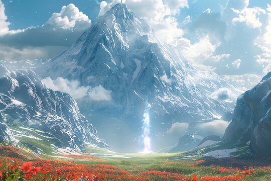 A serene meadow at the base of a snowcapped mountain, where a mysterious portal shimmers with otherworldly energy