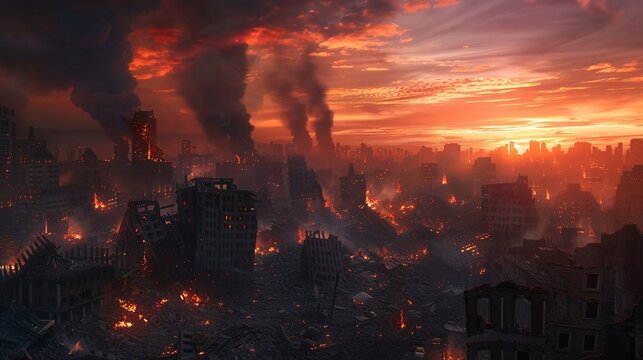 cityscape at sunset with silhouettes of destroyed buildings and smoldering rubble rising in columns of smoke from fires