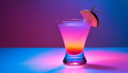 Glass of cocktail in hypnotic neon light. Colorful rave party drink. Generative AI
