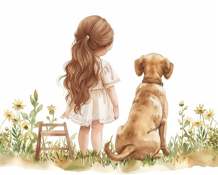 Create a watercolor image for a nursery featuring a 4 year old girl with long brown hair standing next to a brown L