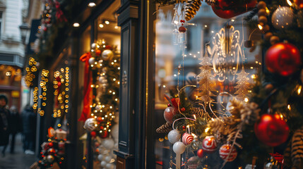 A front-facing perspective capturing a bustling retail storefront adorned with festive decorations, announcing exclusive limited-time offers and savings galore to celebrate the season