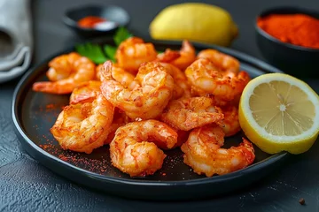 Fotobehang black plate with fried shrimps on it, lemon and paprika on the side, sprinkled cayenne pepper powder, dark background © BOMB8