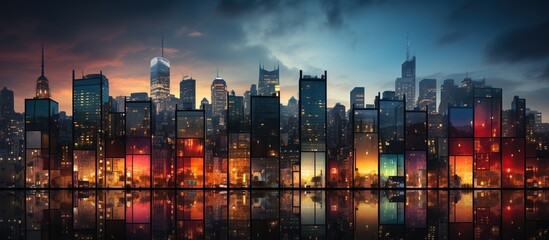 Double exposure of skyscrapers and cityscape at night, business and financial concept