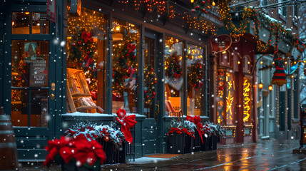 A front-facing perspective capturing a bustling retail storefront adorned with festive decorations, announcing exclusive limited-time offers and savings galore to celebrate the season