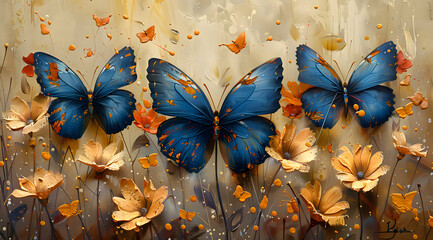 Fluttering Colors: Vivid Blue Butterflies Amidst Autumn's Golden Tapestry