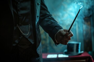 Someone holding a wand with a lit candle in their hand. Magician concept background  - obrazy, fototapety, plakaty
