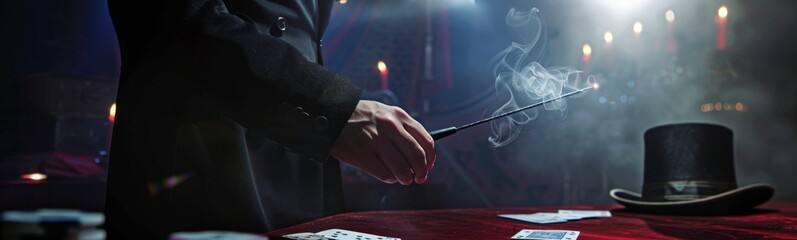 Someone is holding a wand and playing cards on a table. Magician concept background. Banner