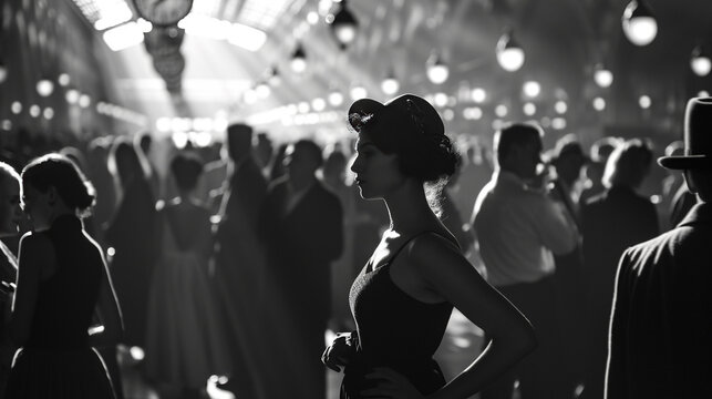 Balck and White Image Of Gorgeous Women With Crowd With Black Dress in Blurry Background