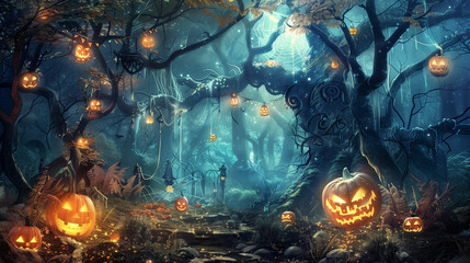 an enchanted forest where mythical creatures celebrate Halloween. Fairies, elves, and goblins wear festive costumes. The forest is aglow with jack-o'-lanterns hanging from trees and bioluminescent pla - obrazy, fototapety, plakaty