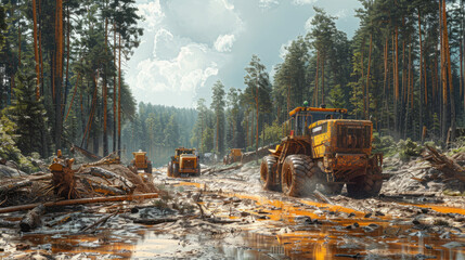 .Logging scene with fallen trees and machinery, capturing the direct effect on forest ecosystems and biodiversity loss. - obrazy, fototapety, plakaty