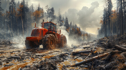Heavy logging operations amidst a forest, showing fallen trees and active machinery, highlighting ecosystem disruption.