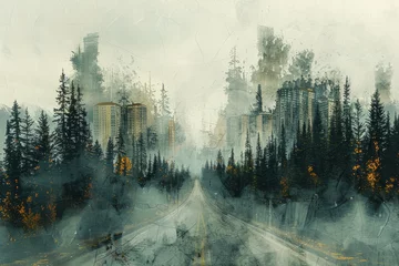 Fotobehang Digital collage depicting roads and buildings superimposed on forest backdrop, visual metaphor for habitat fragmentation due to development © 18042011