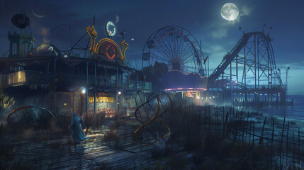 a haunted seaside carnival set on Halloween evening. Ghostly figures wander among abandoned carnival games and a decrepit roller coaster. The ocean is in the background, with a full moon reflecting on
