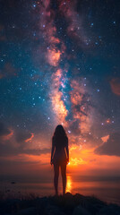 a girl looking to the sky and see the galaxy