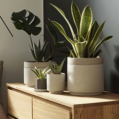 sansevieria in concrete containers, smoked oak chest of drawers, closeup