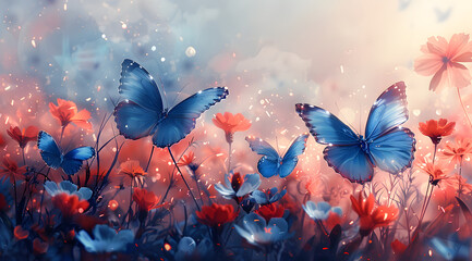 Whispers of Surreality: Dreamlike Watercolor Dance of Blue Butterflies Amidst Flowers
