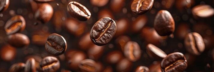 Closeup of falling Brown Roasted Coffee Beans - obrazy, fototapety, plakaty