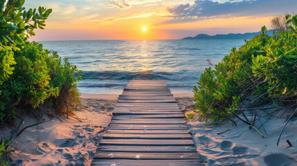 Sandy beach with a wooden path going to the sea at sunset