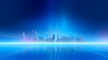 Blue technology background, light blue gradient background with digital lines and city lights in the bottom corner, flat design style with simple line composition, high resolution, bright colors