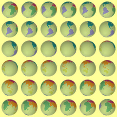 Collection of earth globes. Tilted sphere view. Rotation step 10 degrees. Colored continents style. World map with dense graticule lines on chroma background. Fresh vector illustration.