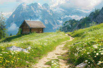 Fototapeta premium Scenery with a footpath and a cabin in the beautiful meadow with flowers in the mountains
