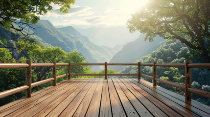 Obraz premium Wooden balcony in mountains, observing point of the natural beautiful view