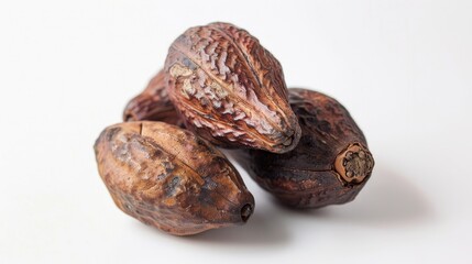 Cocoa beans without skin in a shell against a white backdrop