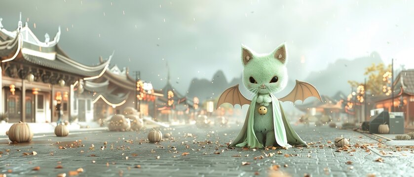 Playful baby demon with fluffy wings, playing hide and seek among hell town s fiery alleys