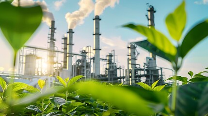Eco-friendly green industry power strives for low carbon footprint, sustainable energy-saving production, and good ozone air quality in a green factory environment concept.
