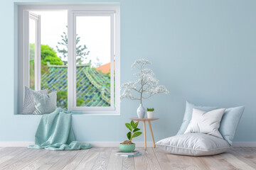 Serene interiors with natural light and modern decor. Minimalist interior design composition in light blue and neutral colors.