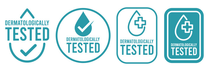 Set dermatologically tested vector label with water drop, leaf and hand logo. Dermatology test and dermatologist clinically proven icon for allergy free and healthy safe product package tag.