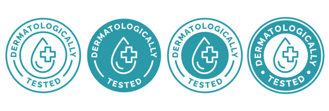 Set dermatologically tested vector label with water drop, leaf and hand logo. Dermatology test and dermatologist clinically proven icon for allergy free and healthy safe product package tag.