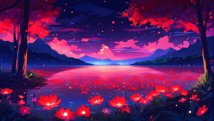 Landscape with lake surrounded by red flowers during sunset.