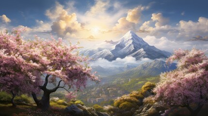 Serene beauty of cherry blossoms adorning trees in the mountain landscape under a sky painted with...
