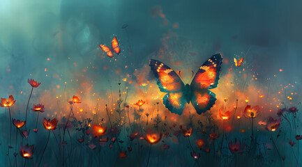 Obraz na płótnie Canvas Mythical Flight: Watercolor Fantasy of Butterflies Bearing Tiny Phoenixes Across Glowing Meadows