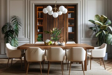 A dining room mockup with a wooden table and elegant chairs