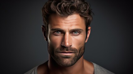 Obraz premium Serious guy with a handsome smile and intense eyes, close-up portrait