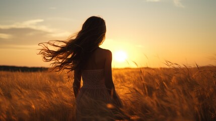 Silhouette of woman on grass, hair blowing in the wind, sunset
