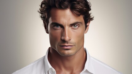 Obraz premium Serious guy with a handsome smile and intense eyes, close-up portrait