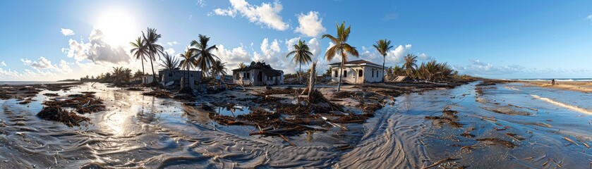 Coastal damage aftermath, destroyed infrastructure, humanitarian aid arriving, recovery work underway