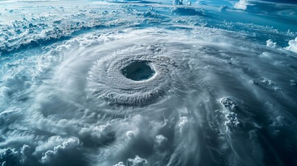 Eye of hurricane, calm vortex amidst swirling clouds, peaceful center, satellite view, high altitude - obrazy, fototapety, plakaty