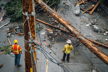Insurance assessors evaluate damage in storm-hit urban area with power outage, fallen power lines