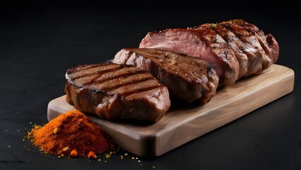 Savory beef steak grilled and seasoned with a flavorful blend of herbs and spices, showcased against dark surface