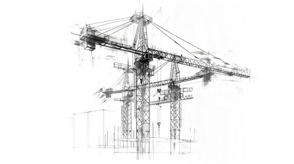 Abstract Pencil Sketch of Cityscape with Towering Cranes - Architectural Drawing for Modern Development