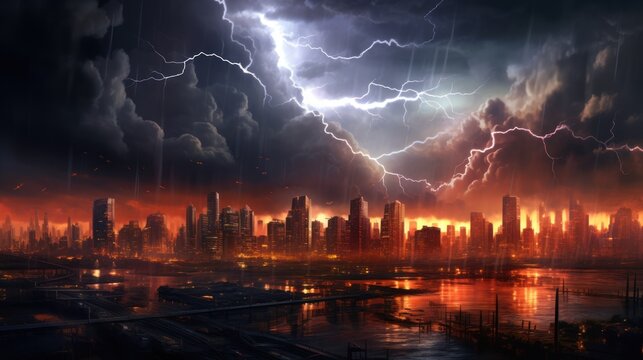 City Skyline Illuminated by Lightning at Dusk