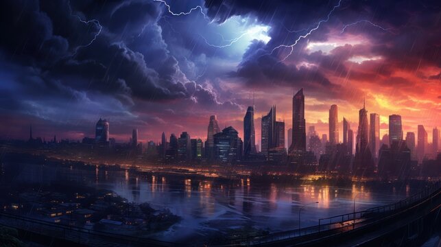 City Skyline Illuminated by Lightning at Dusk