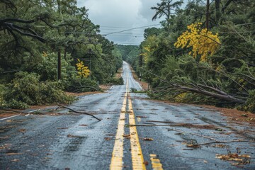 Storm damage evident, fallen trees block roads, power outages in community, immediate impact of storm visible - obrazy, fototapety, plakaty