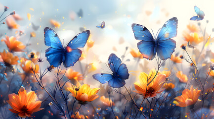 Floral Fantasia: Watercolor Delight of Blue Butterflies Amidst Sunlit Blooms